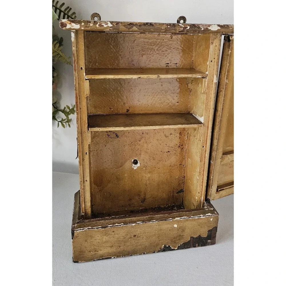 Primitive Wood Wall Cabinet Old Mustard Yellow Glass Panels